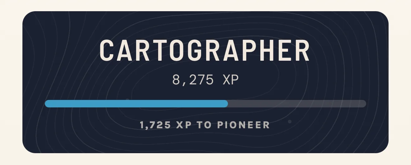 WorldCards profile: Cartographer rank, 8,275 XP, 1,725 XP to Pioneer