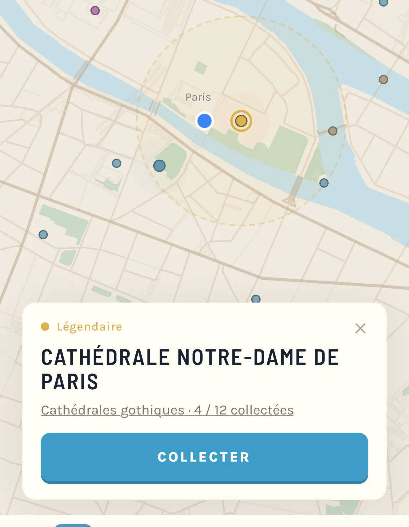 Carte WorldCards du centre de Paris, avec les lieux et le panneau Collecter de la Cathédrale Notre-Dame de Paris