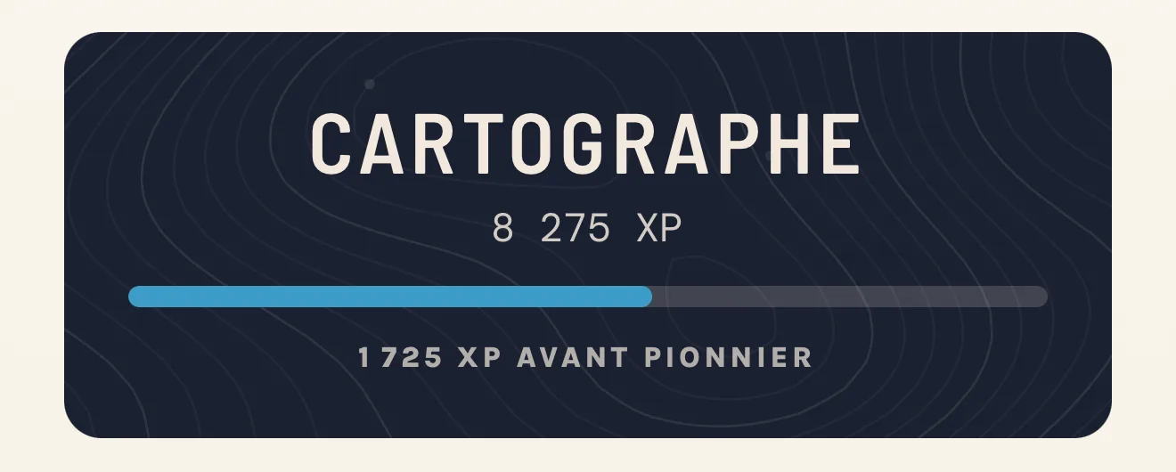 Profil WorldCards : rang Cartographe, 8 275 XP, encore 1 725 XP avant Pionnier