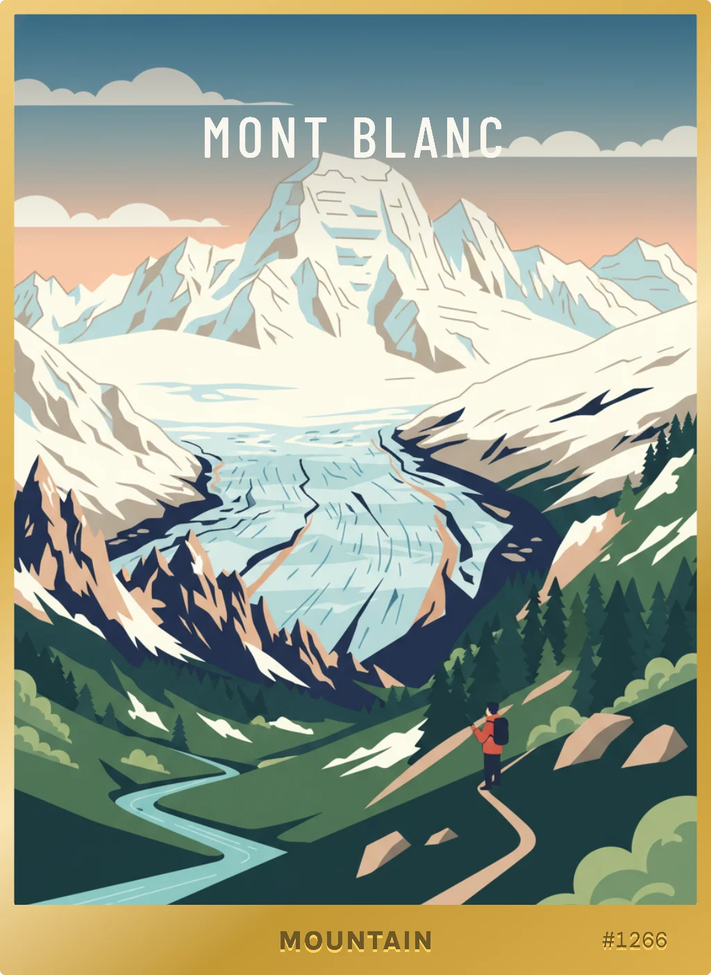The Mont Blanc card: a vintage travel poster of the massif, in a gold legendary frame.