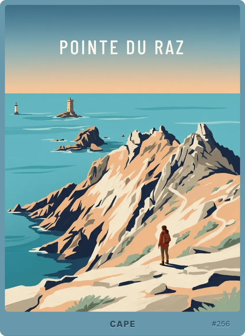 Pointe du Raz card, rare tier: rocky cape and lighthouse in the Atlantic