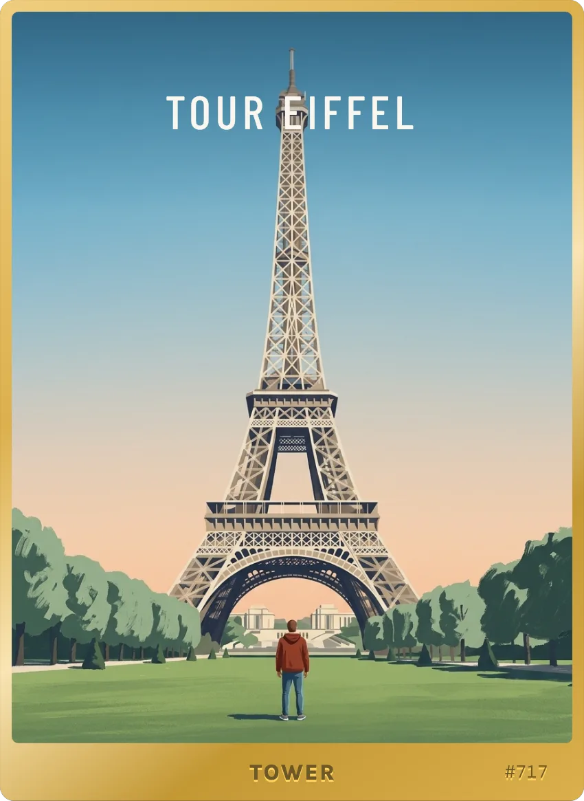 Tour Eiffel card: a vintage poster of the tower above the Champ-de-Mars