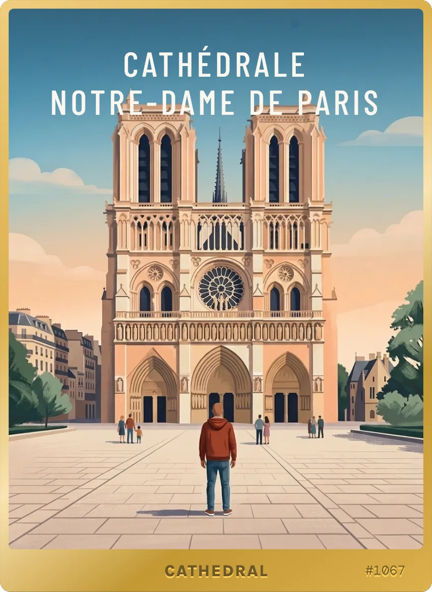 Cathédrale Notre-Dame de Paris card, legendary: the gothic façade at sunset