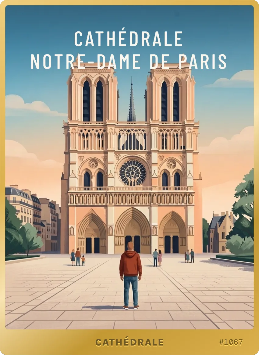 Carte Cathédrale Notre-Dame de Paris, légendaire : la façade gothique au coucher du soleil